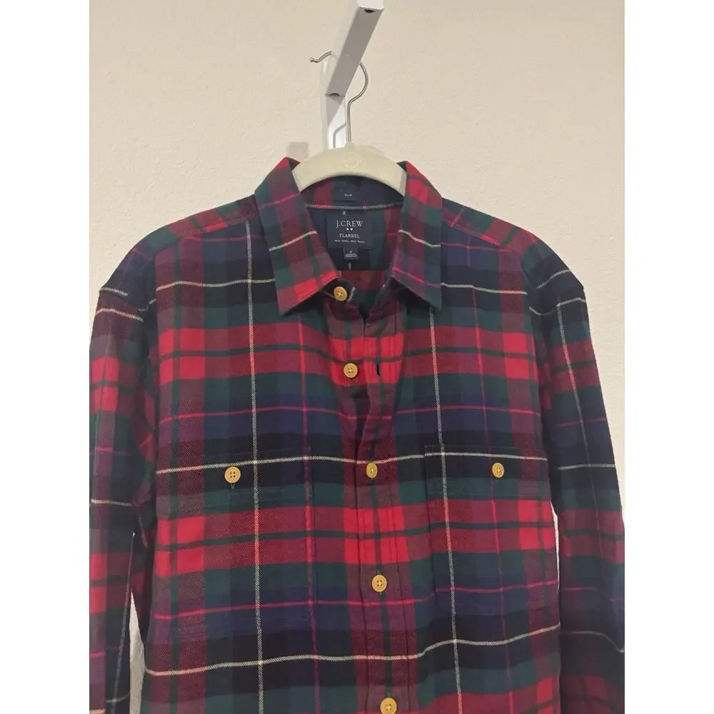 J. Crew Shirt Mens Medium Red Gray Mid-Weight Flannel Slim Cotton Lumberjack
